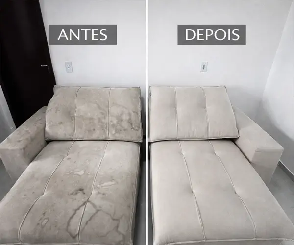 Antes e depois — higienização de sofá claro pela Higieniza+